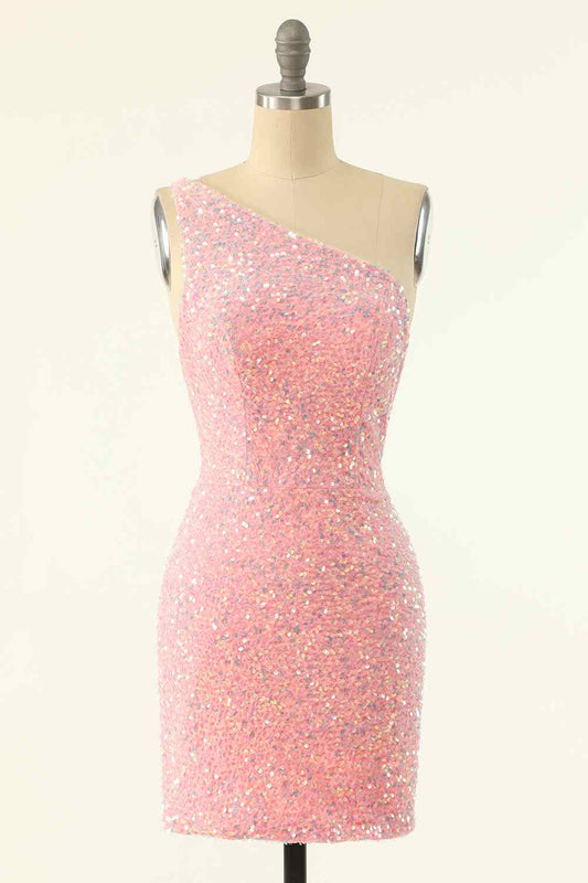 Pink Sheath One Shoulder Strap Back Sequins Mini Homecoming Dress