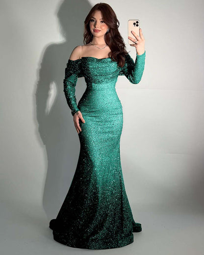 Glamorous Off-The-Shoulder Long Sleeves Beads Mermaid Prom Dress