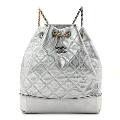 Metallic Crumpled Calfskin Quilted Small Gabrielle Backpack Silver
