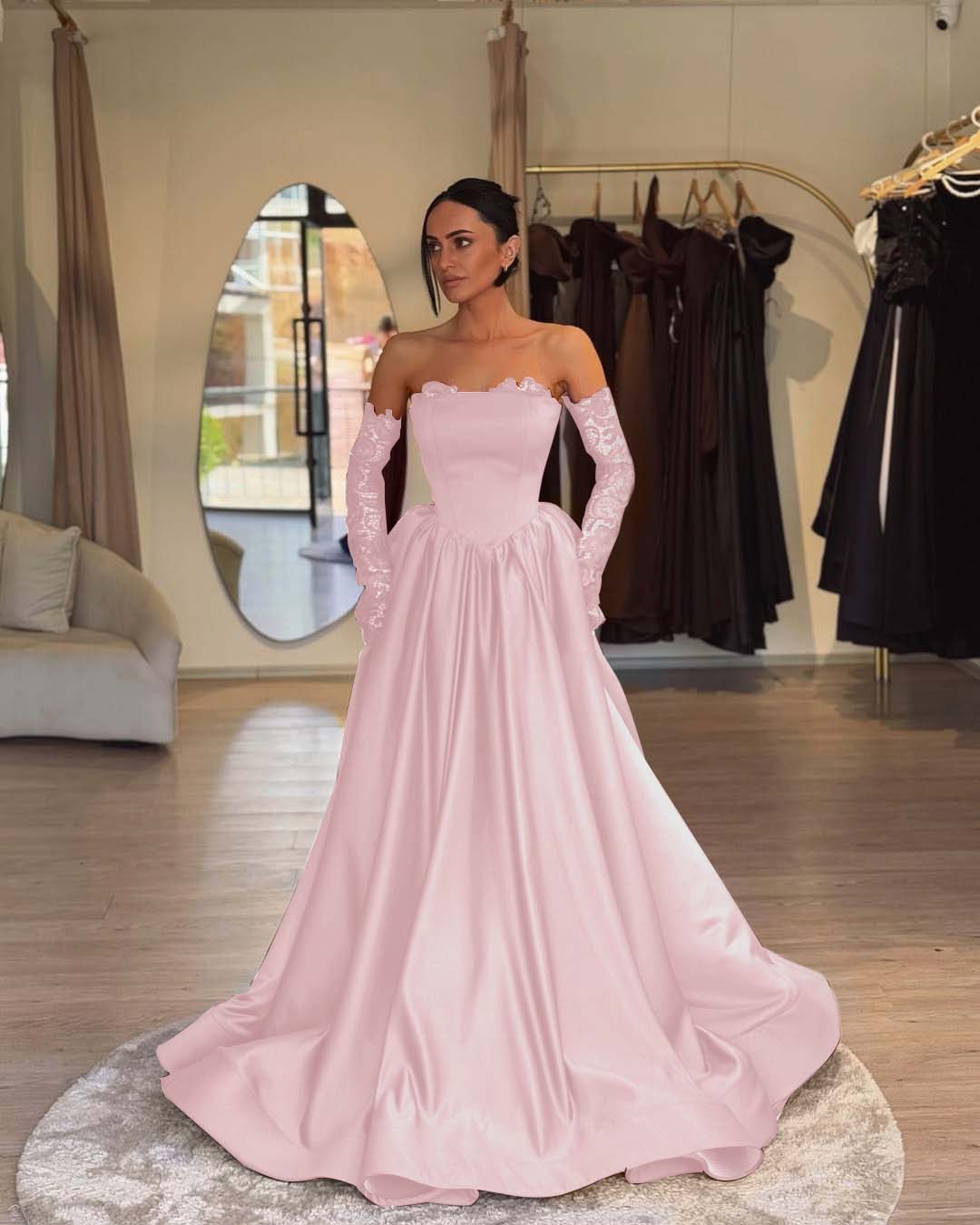 Elegant Sleeveless Strapless A Line Prom Dress With Lace Gloves