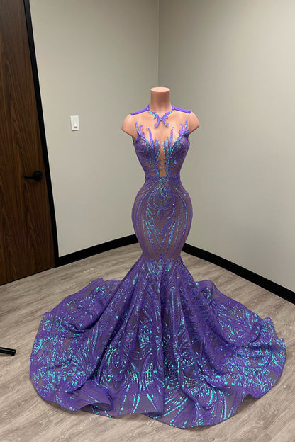 Laser Light Crew Neck Mermaid Prom Dress Sleeveless Court