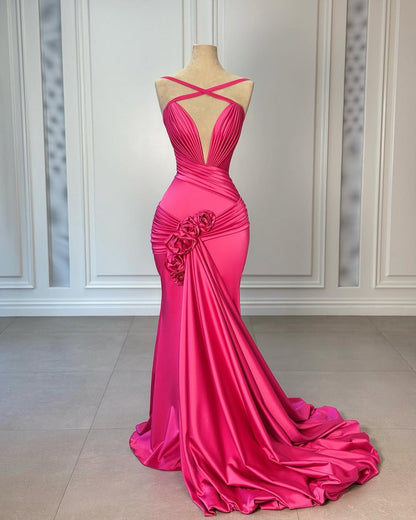 Fuchsia Halter Straps Deep V-Neck Pleated Mermaid Prom Dress With Flower