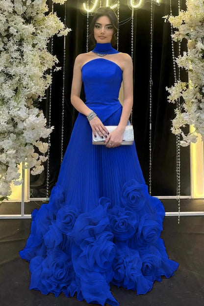 Strapless Sleeveless Long Ruffle Evening Dress With Flower Pleated