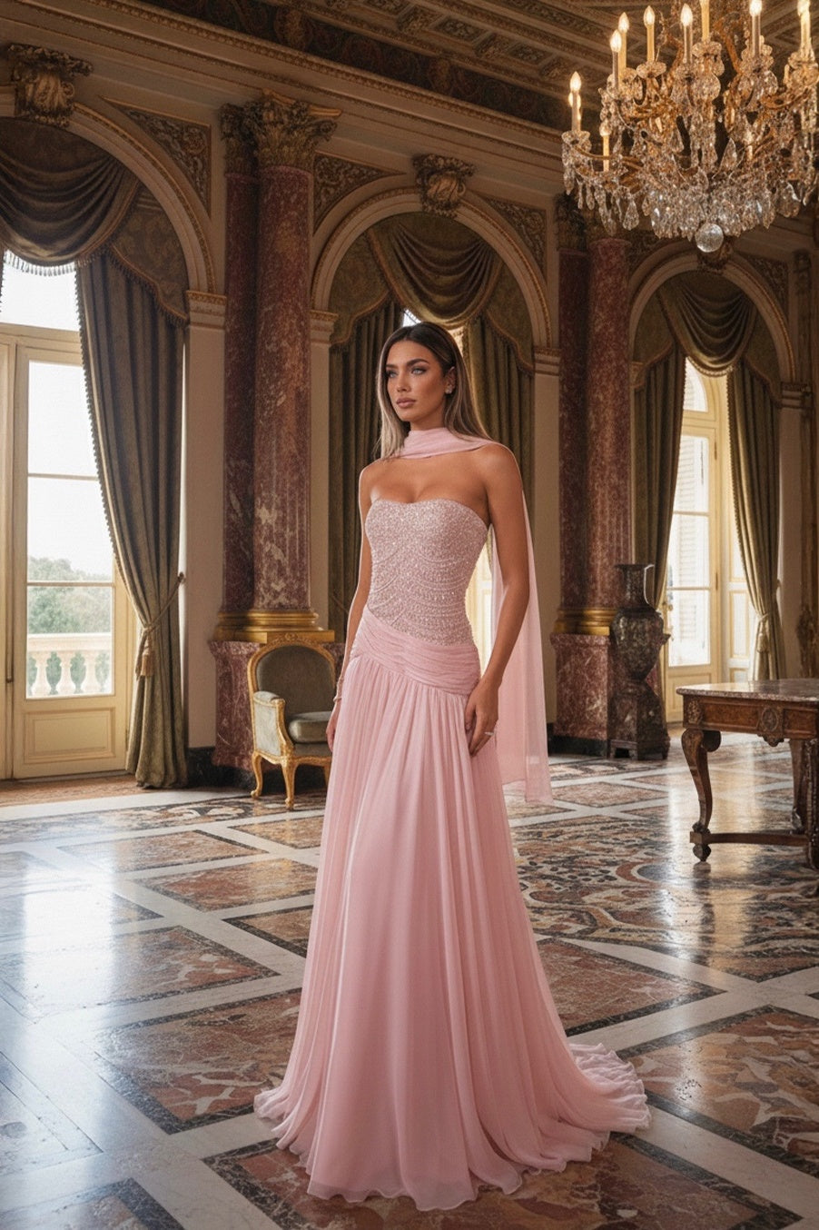 Strapless Beadings Sleeveless Square Prom Dress With Scarf