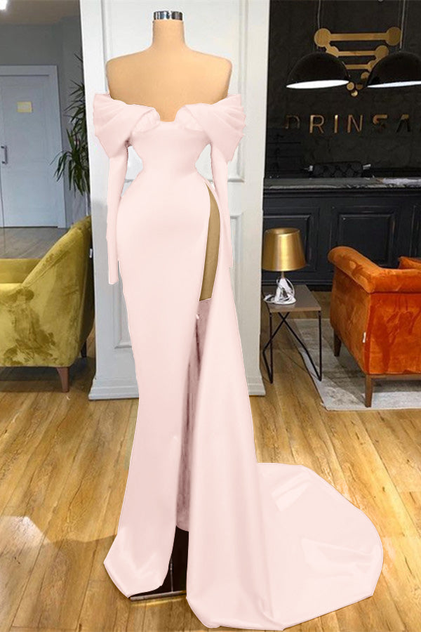 Long Sleeves Red Split Prom Dress Off-The-Shoulder Mermaid
