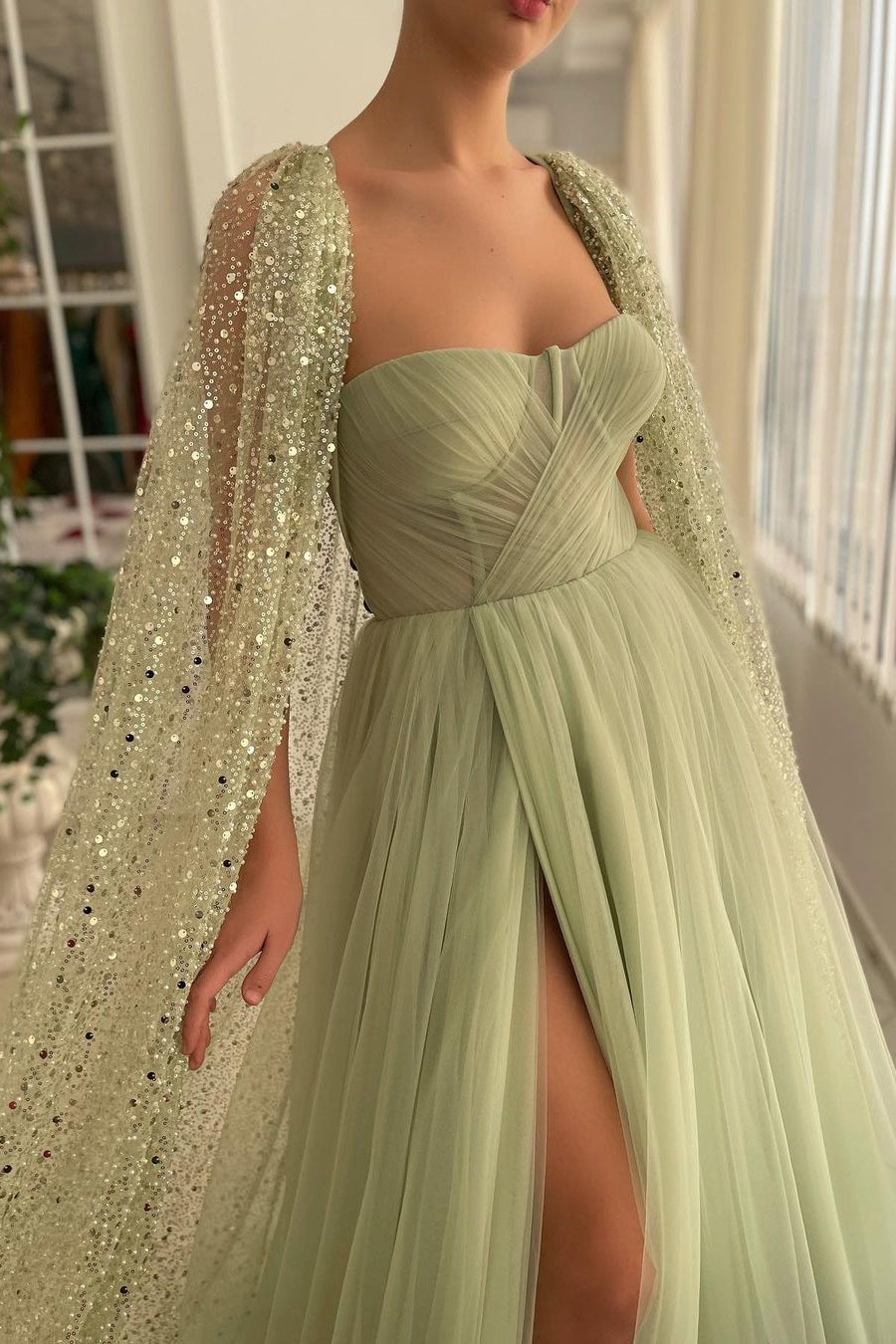 Light Green Sweetheart Tulle Split Prom Dress with Sage Sparkly Sequin Cape