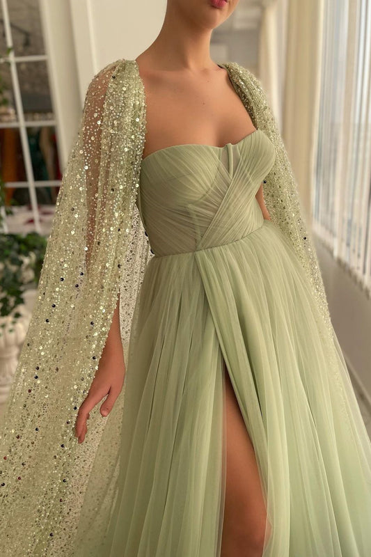 Light Green Sweetheart Tulle Split Prom Dress with Sage Sparkly Sequin Cape