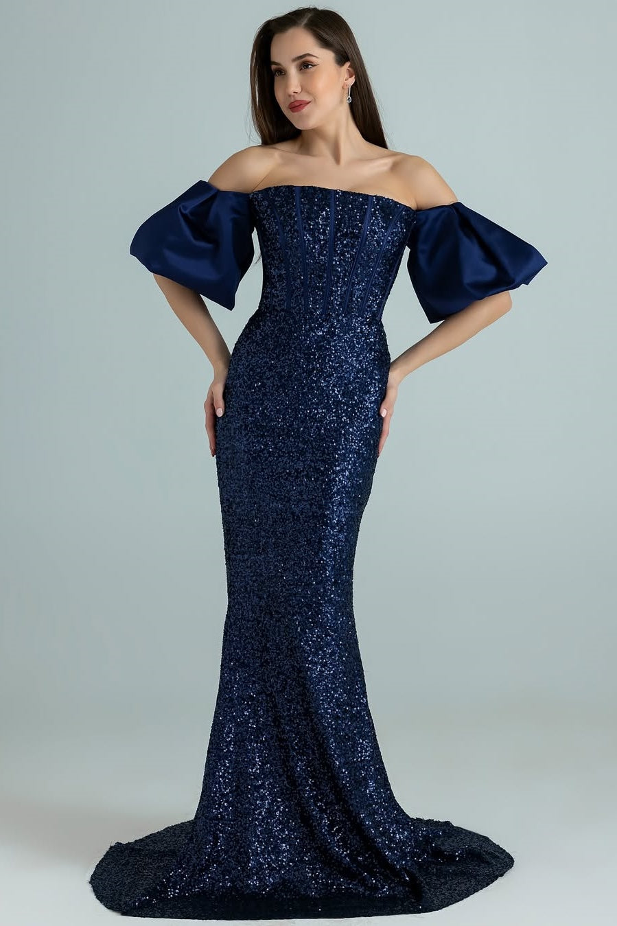 Puff Sleeves Strapless Square Beads Mermaid Prom Dress