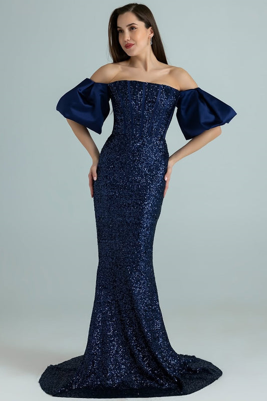 Puff Sleeves Strapless Square Beads Mermaid Prom Dress
