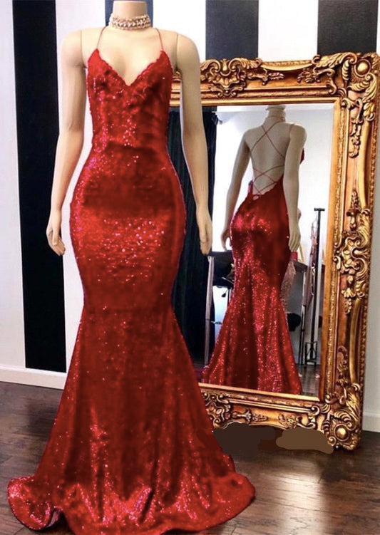 Mermaid Red Spaghetti-Straps Long Prom Dress With Sequins