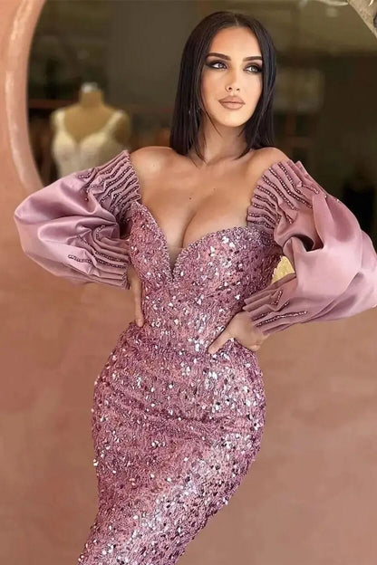 Sweetheart Long Sleeves Evening Dress With Sequins Mermaid Off-The-Shoulder