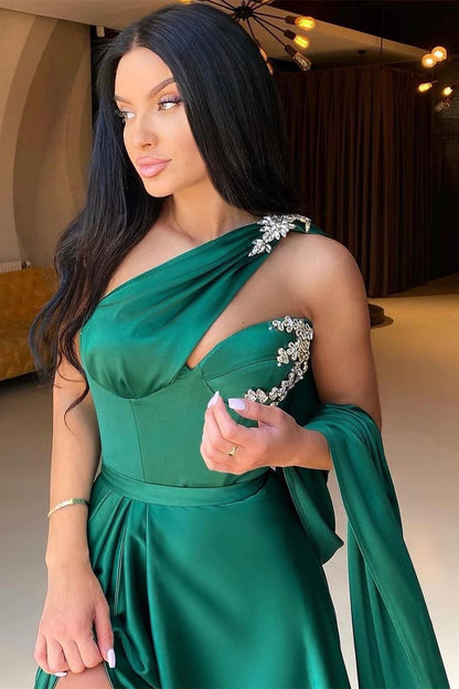 One-Shoulder Dark Green Beadings Slit Evening Dress Mermaid