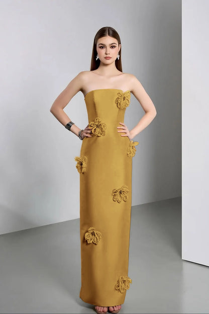 Elegant Ivory Strapless Evening Dress Column Floor Length in Satin with Flower