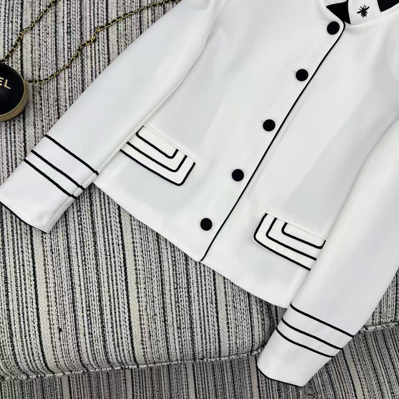 CD 25FW Stand Collar Black and White Contrast Polyester Suit Jacket