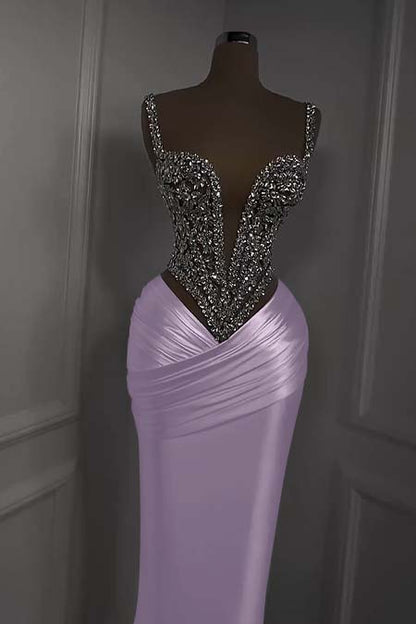 Charming White Satin Spaghetti Strap Sleeveless Pleated Prom Dress with Beadings