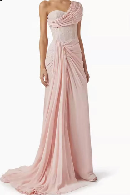Pink Sleeveless One Shoulder Strapless Mermaid Prom Dress With Pleated