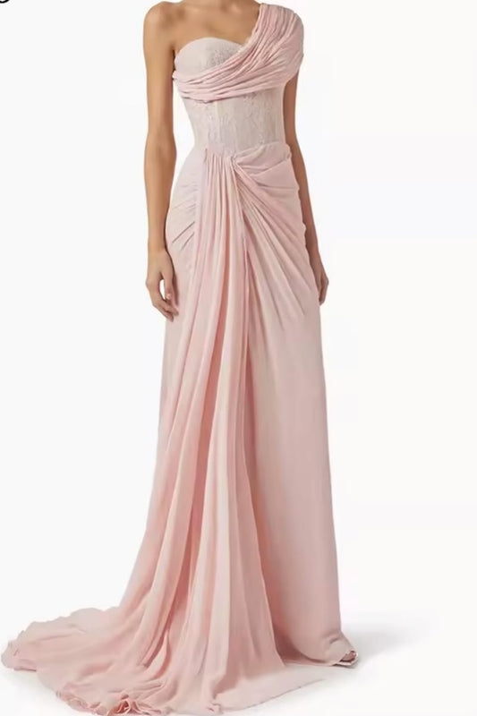 Pink Sleeveless One Shoulder Strapless Mermaid Prom Dress With Pleated