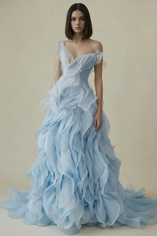 Dreamy Sky Blue V-Neck Pleated Ruffles Long Evening Dress