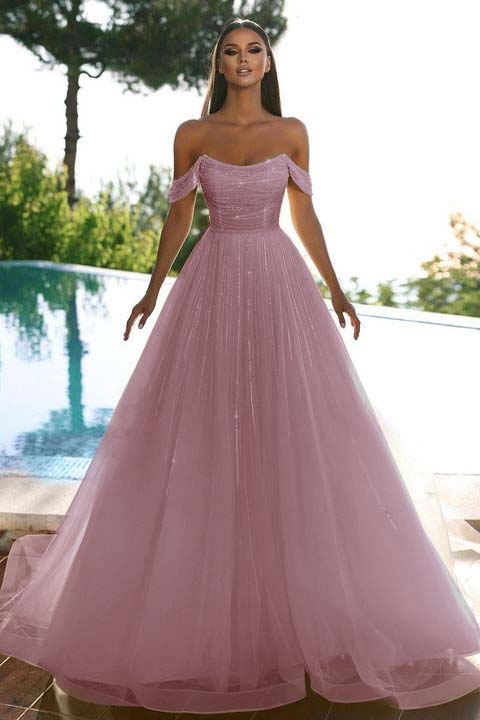 Sleeveless Strapless Off-Shoulders A-Line Sequins Prom Dress