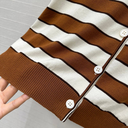 Prada 25 Striped Short-sleeved Knitted Cardigan Brown white Cotton