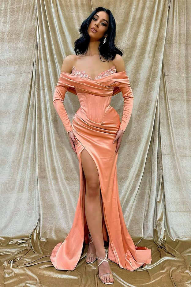 Long Sleeves Front Split Off-The-Shoulder Mermaid Prom Dress With Sequins