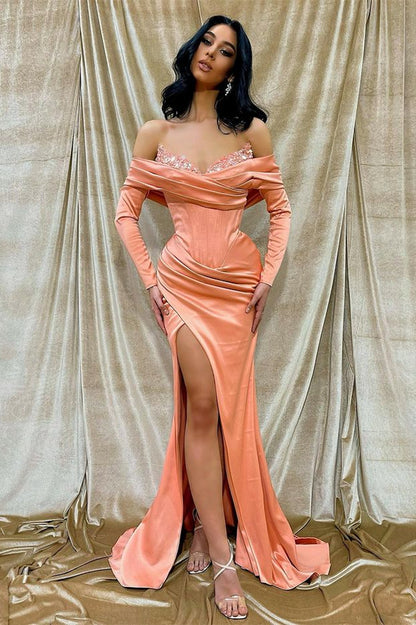 Long Sleeves Front Split Off-The-Shoulder Mermaid Prom Dress With Sequins
