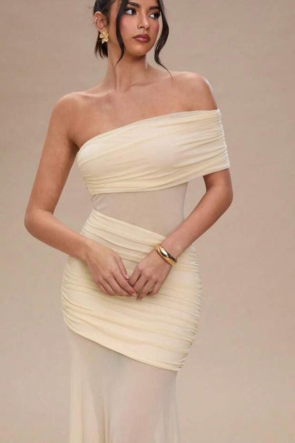 Chic Daffodil Chiffon One Shoulder Mermaid Strapless Prom Dress with Pleated