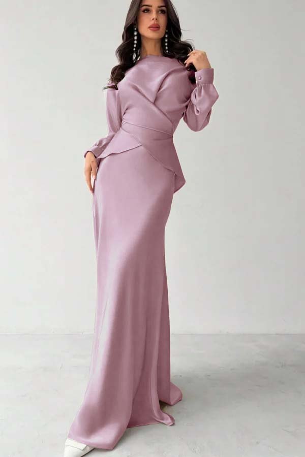 Glamorous Champagne Satin Long Sleeves Jewel Neck Slim Prom Dress