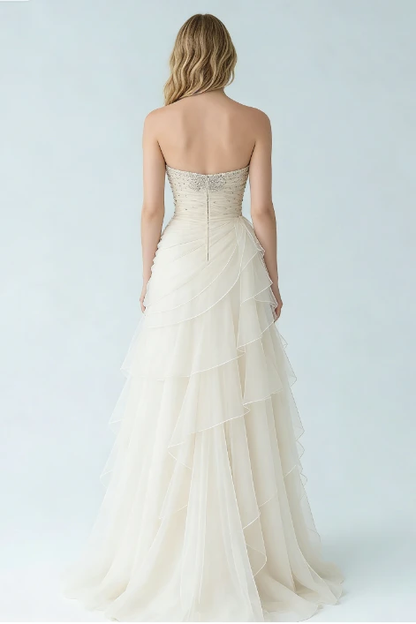 White Sweetheart A-Line Evening Dress Floor Length Pleated with Rhinestone