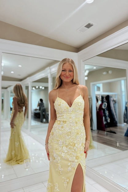Daffodil V-Neck Tulle Long Mermaid Prom Dress Slit with Appliques