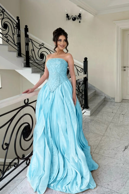 Elegant Pink Strapless Evening Dress A-Line Floor Length with Beading