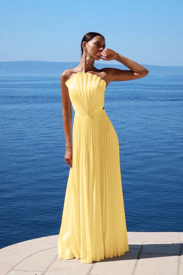 Simple White Sleeveless Strapless Long Prom Dress With Pleated