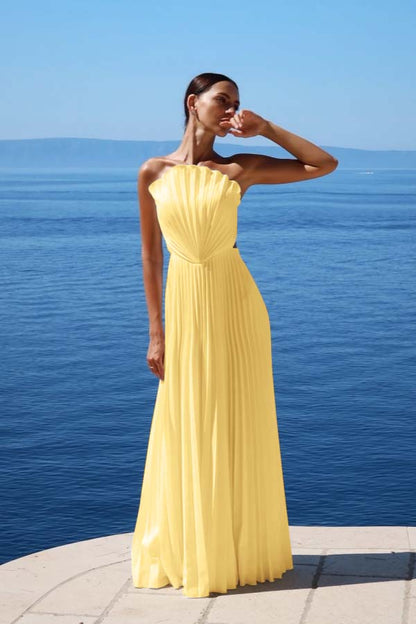 Simple White Sleeveless Strapless Long Prom Dress With Pleated