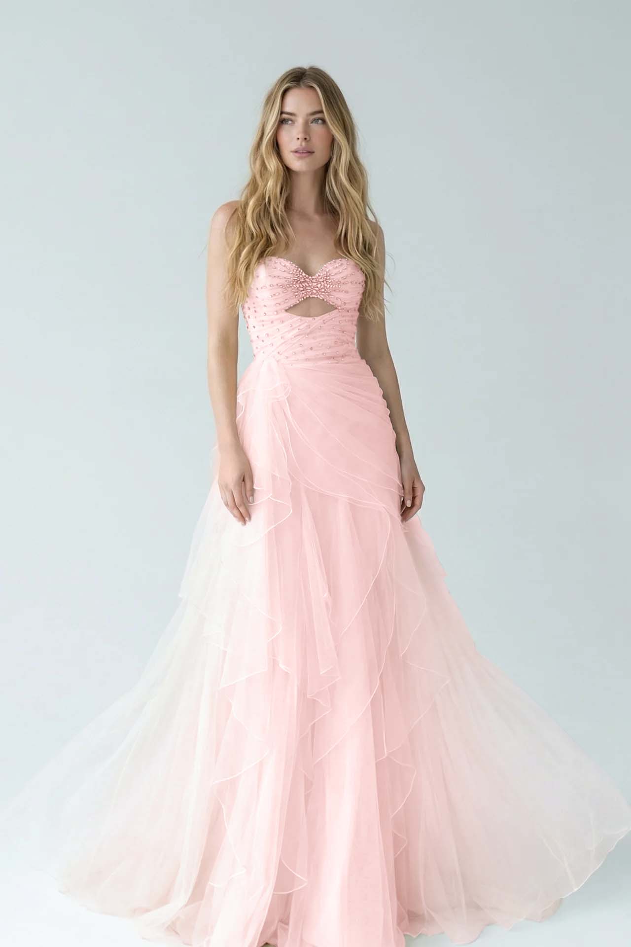 White Sweetheart A-Line Evening Dress Floor Length Pleated with Rhinestone