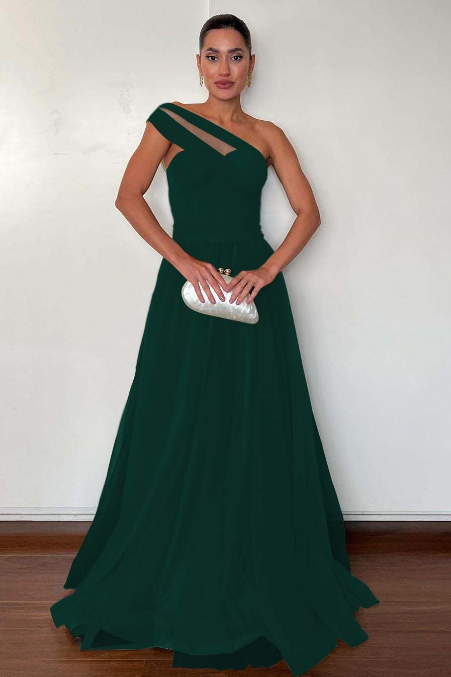 Stunning Green Tulle One Shoulder Sleeveless Long Prom Dress with Pleated