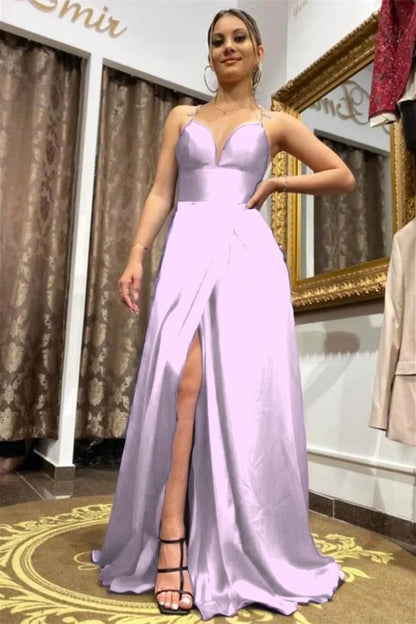 Long Royal Blue Slit Prom Dress Spaghetti-Straps