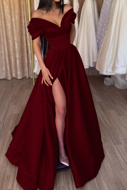 A-Line Fuchsia Portrait Prom Dress With Slit