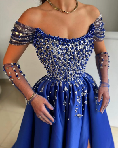 Royal Blue Off-The-Shoulder Prom Dress With Beaded Bodice And High Split