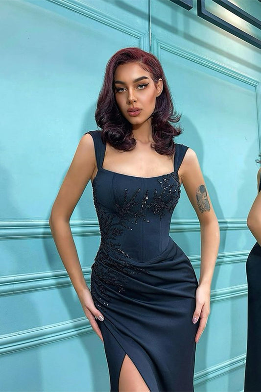 Shoulder Straps Front Slit Black Mermaid Evening Dress With Beadings