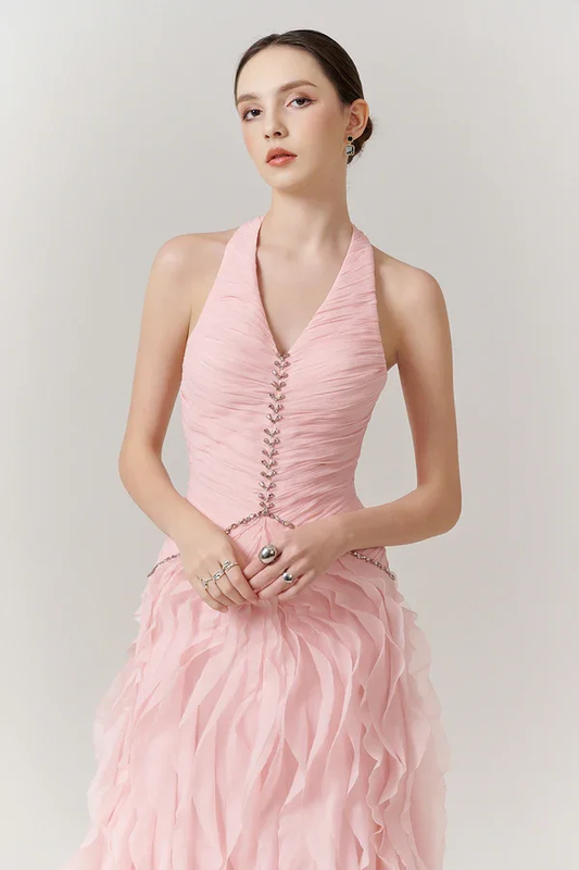 Blushing Pink Halter Strap Pleated V-Neck Split Evening Dress With Beads