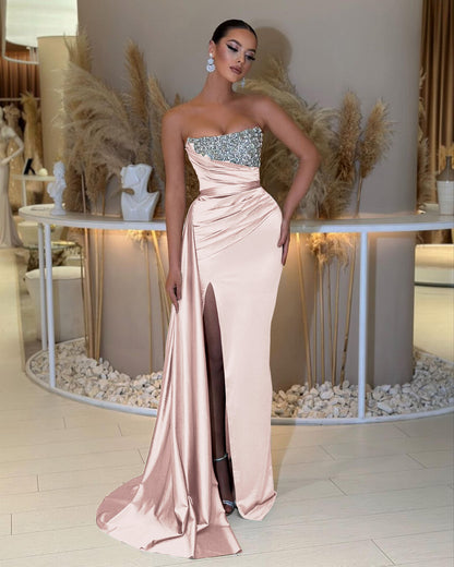 Strapless Beading Sleeveless Slit Prom Dress with Ruffle