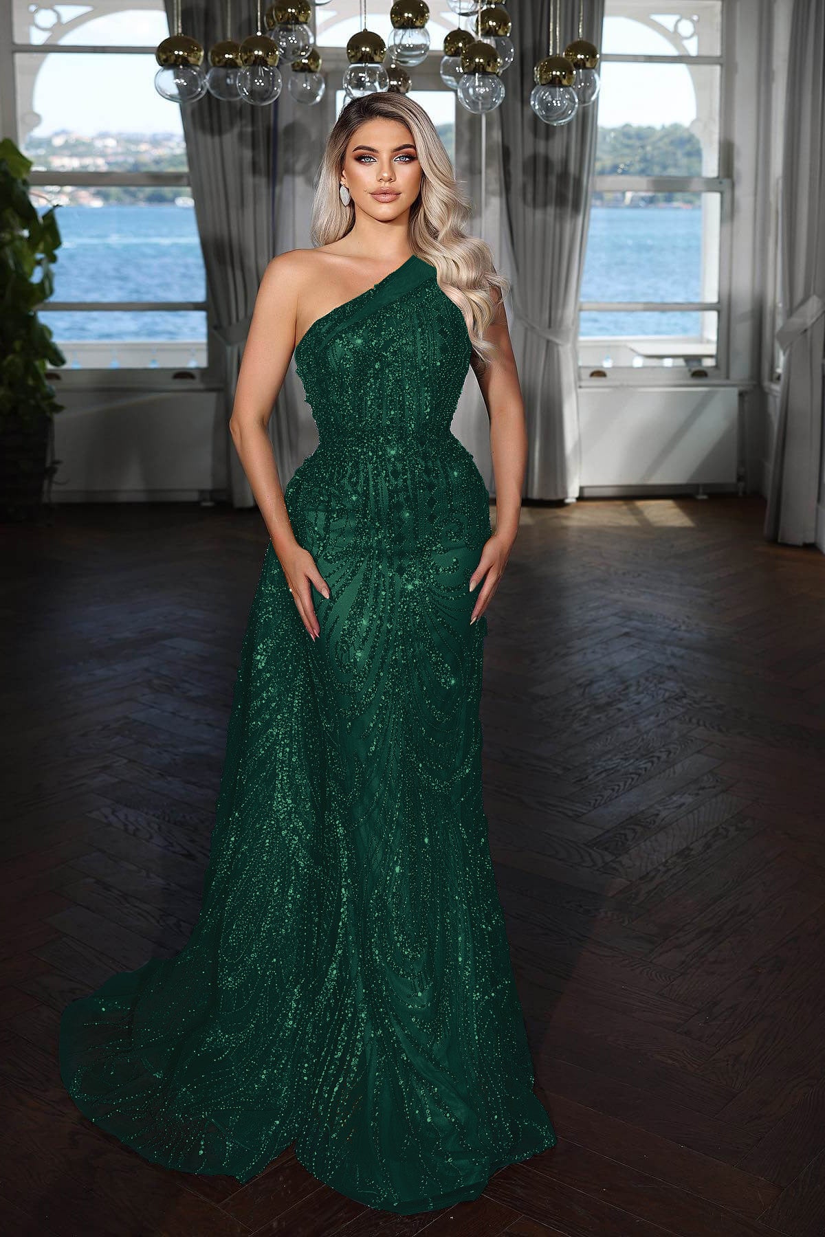 Charming Burgundy One Shoulder Sleeveless Long Mermaid Prom Dress with Beadings