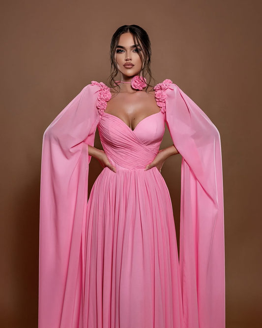 Chic A Line Sleeveless Long Pleated Prom Dress With Shoulder Cape