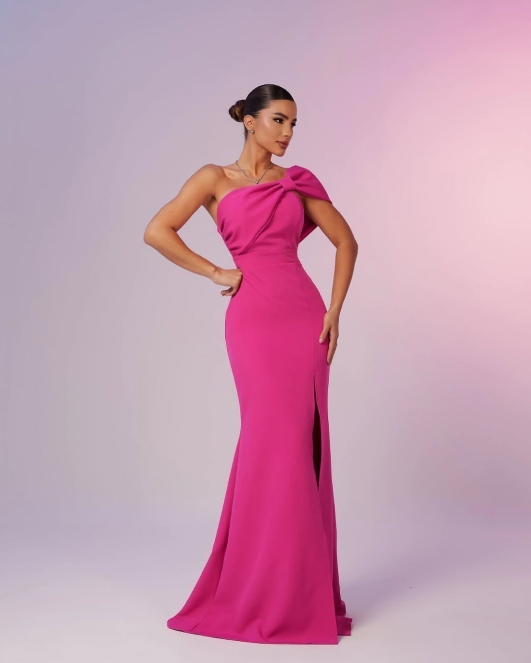 Fuchsia Sleeveless Halter Strap Asymmetric Bowknot Long Prom Dress