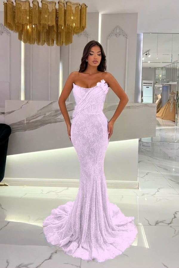 Gorgeous Strapless Sequins Mermaid Prom Dress With 3D-Blumen