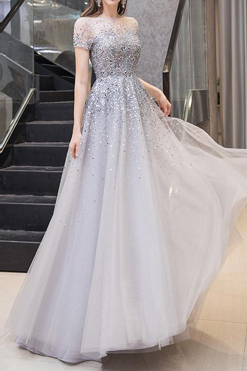 Gorgeous Long Prom Dress With Short Sleeves Sequins Online