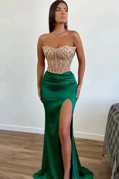 Green Applique Beadings Mermaid Prom Dress Slit With Strapless