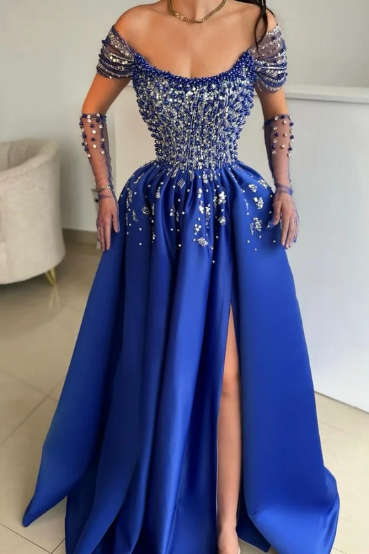 Royal Blue Off-The-Shoulder Prom Dress With Beaded Bodice And High Split