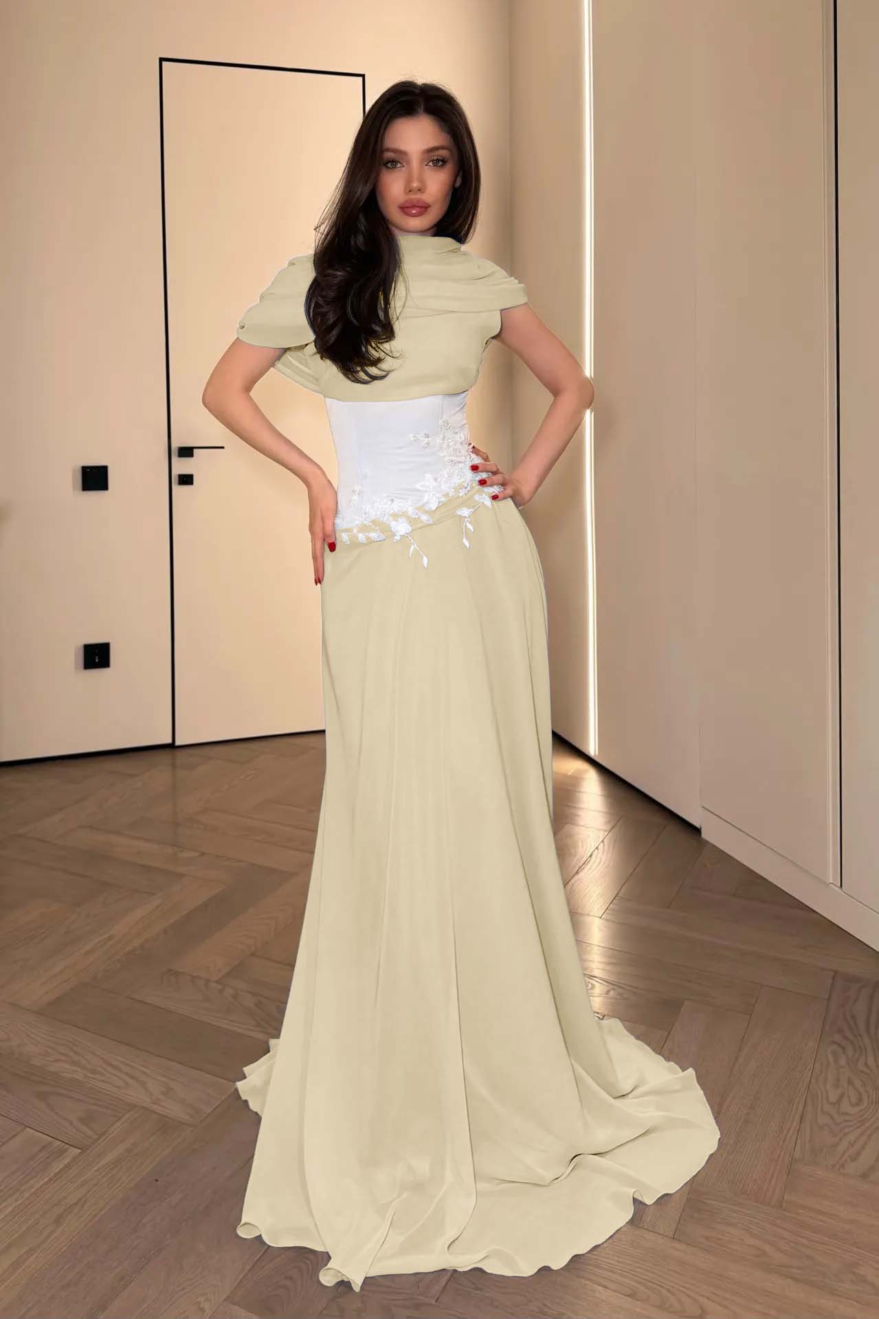 Stunning Chiffon Pleated Embroidery Evening Dress with Draped Shawl Neck