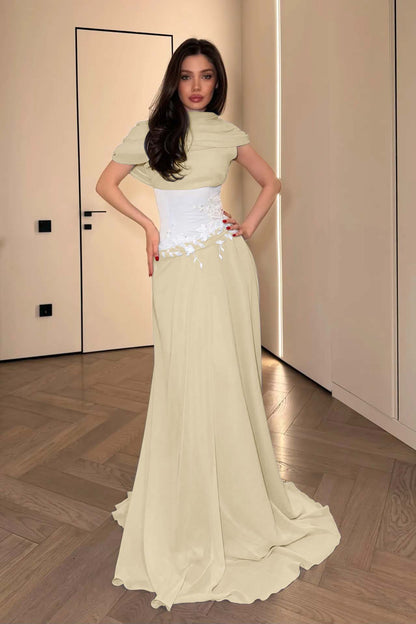 Stunning Chiffon Pleated Embroidery Evening Dress with Draped Shawl Neck